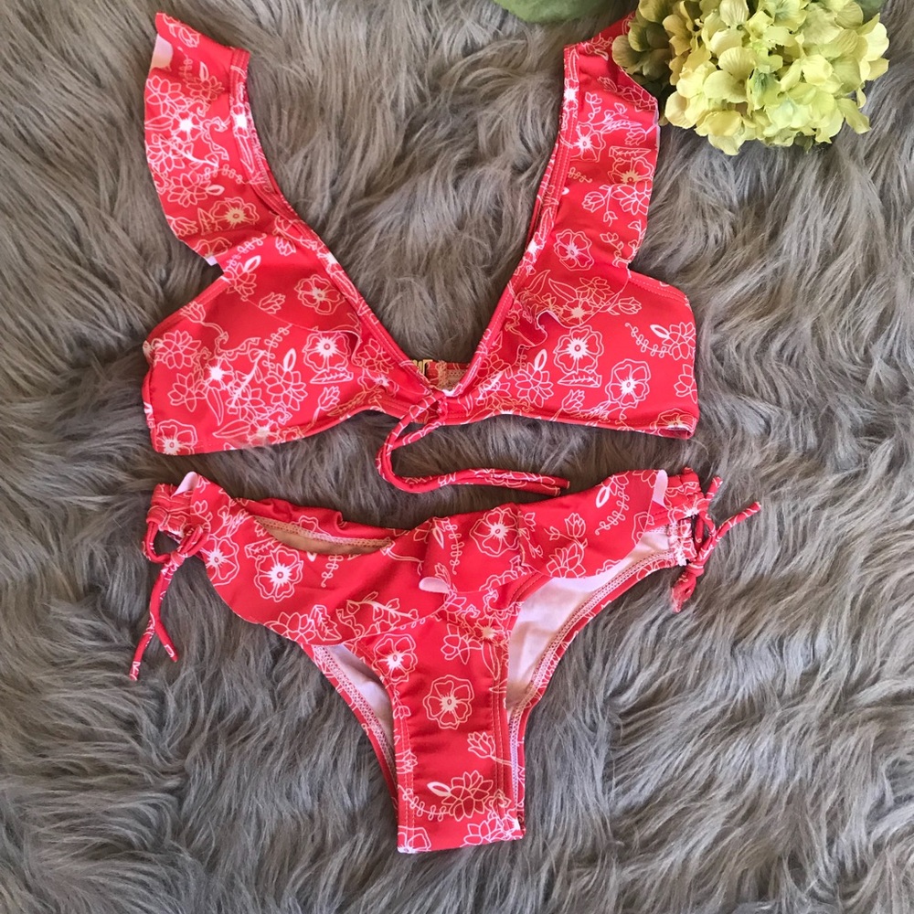 Floral print side tie bottom bikini swimsuit